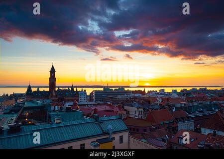 Beautiful night view of Helsingborg with amazing colorful sky after sunset from Karnan (Kärnan) a former fortress medieval tower in Helsingborg Stock Photo