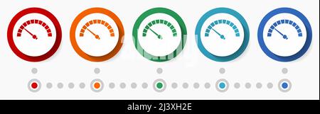 Speed meter concept vector icon set, infographic template, flat design colorful web buttons in 5 color options Stock Vector