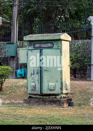 Electric control high voltage relay house in white background. Electrical relay cabin controller for control Stock Photo