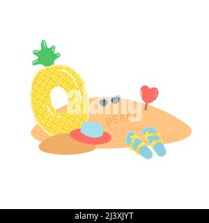 Hello summer set of elements on sand, vector Stock Vector