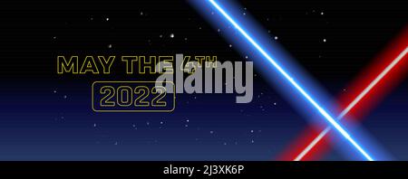 May the 4th 2022 abstract space background with star sky and shining blue and red lights wars Stock Vector