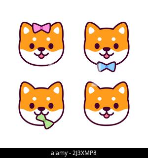 Cute cartoon Shiba Inu puppy gender identity icons with color bow. Boy, girl and gender neutral (non-binary). Kawaii dog vector illustration set. Stock Vector