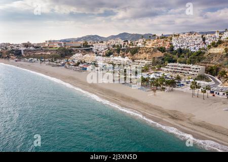 Panoramic aerial view of Burriana beach situated in Nerja Village , Malaga - Spain. Perspective from above Stock Photo