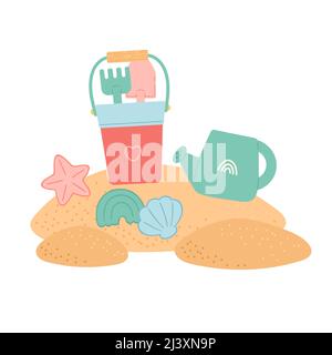 Hello summer set of elements on sand, vector Stock Vector