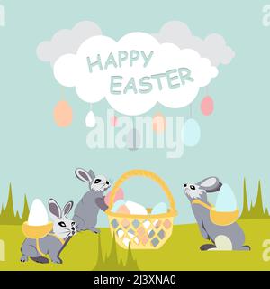 Easter bunnies stack Easter eggs in a wicker basket. Above the rabbits is a cloud from which drops of spring rain fall in the form of Easter eggs with Stock Vector