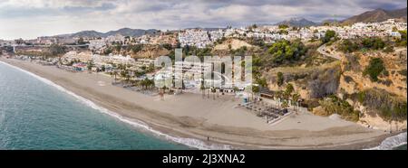 Panoramic aerial view of Burriana beach situated in Nerja Village , Malaga - Spain. Perspective from above Stock Photo