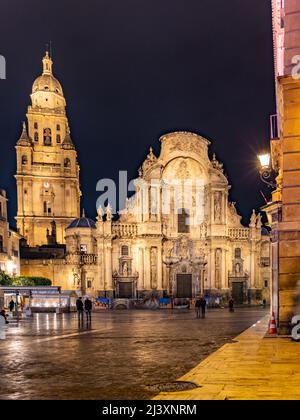 Murcia, Spain - March 30, 2022: Cathedral of Saint Mary in light during the evening in center of Murcia in Spain Stock Photo