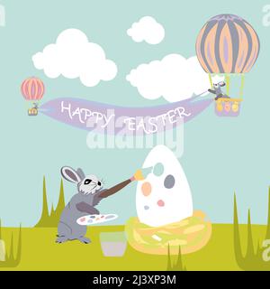 One Easter bunny paints aster egg with pastel colors against a background of clouds and bunnies flying in balloons and holding a banner stretched in t Stock Vector