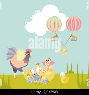 Easter bunnies fly on air balloons with cinnamon eggs. The hen is surprised that she hatched colorful spotted chicks. Happy Easter vector isolated cut Stock Vector