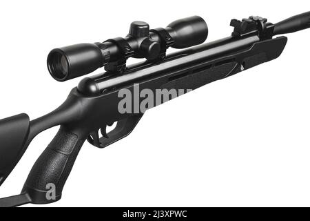 A modern air rifle with a futuristic design. Pneumatic weapons for sports and entertainment. Isolate on a white background. Stock Photo