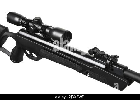 A modern air rifle with a futuristic design. Pneumatic weapons for sports and entertainment. Isolate on a white background. Stock Photo