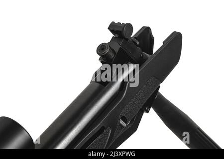 A modern air rifle with a futuristic design. Pneumatic weapons for sports and entertainment. Isolate on a white background. Stock Photo