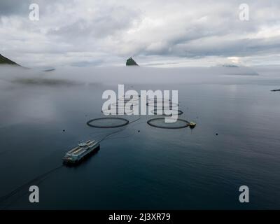 Beautiful cinematic aerial footage of the Salmon fishing farm pools and boat in the Faroe islands Stock Photo