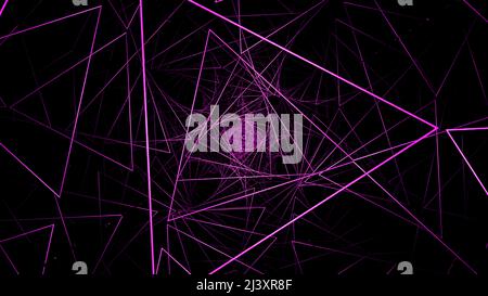 Violet large triangles with bright illumination. Design. Bright lines and triangles creating a tunnel in a black background in animation. Stock Photo