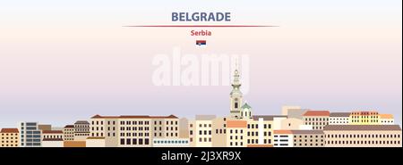 Belgrade cityscape on sunset sky background vector illustration with country and city name and with flag of Serbia Stock Vector