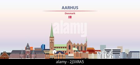 Aarhus cityscape on sunset sky background vector illustration with country and city name and with flag of Denmark Stock Vector