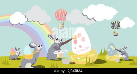 Easter bunnis paints Easter eggs with pastel colors on the background of rainbows, clouds and air balloons. Happy Easter vector isolated cute illustra Stock Vector