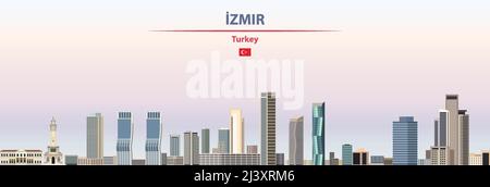 Izmir cityscape on sunset sky background vector illustration with country and city name and with flag of Turkey Stock Vector