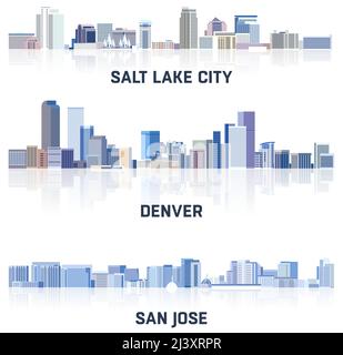 vector collection of United States cityscapes: Salt Lake City, Denver, San Jose skylines in tints of blue color palette. Сrystal aesthetics style Stock Vector