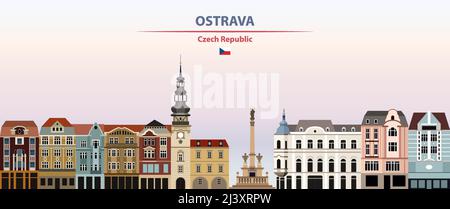 Ostrava cityscape on sunset sky background vector illustration with country and city name and with flag of Czech Republic Stock Vector