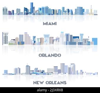 vector collection of United States cityscapes: Miami, Orlando, New Orleans skylines in tints of blue color palette. Сrystal aesthetics style Stock Vector