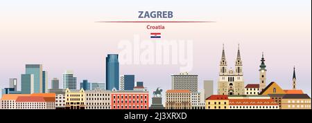 Zagreb cityscape on sunset sky background vector illustration with country and city name and with flag of Croatia Stock Vector