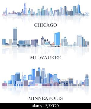 vector collection of United States cityscapes: Chicago, Milwaukee, Minneapolis skylines in tints of blue color palette. Сrystal aesthetics style Stock Vector