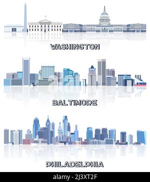 vector collection of United States cityscapes: Washington, Baltimore, Philadelphia skylines in tints of blue color palette. Сrystal aesthetics style Stock Vector