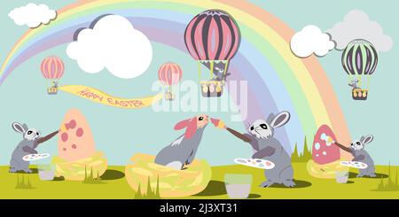 Easter bunnis paints Easter eggs and rabbits with pastel colors on the background of rainbows, clouds and air balloons. Happy Easter vector isolated c Stock Vector