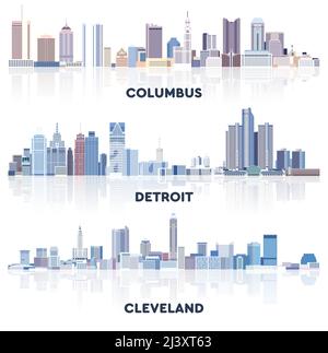 vector collection of United States cityscapes: Columbus, Detroit, Cleveland skylines in tints of blue color palette. Crystal aesthetics style Stock Vector