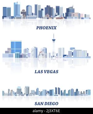 vector collection of United States cityscapes: Phoenix, Las Vegas, San Diego skylines in tints of blue color palette. Сrystal aesthetics style Stock Vector