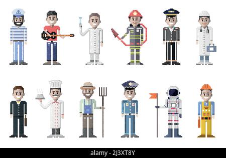 vector collection of pixel art personages of different professions Stock Vector