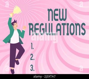 Inspiration showing sign New Regulations. Word for Regulation controlling the activity usually used by rules. Gentleman Jumping Excitedly Holding Stock Photo