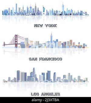 vector collection of United States cityscapes:New York, San Francisco, Los Angeles skylines in tints of blue color palette. Сrystal aesthetics style Stock Vector