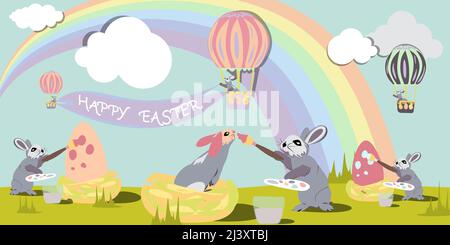 Easter bunnis paints Easter eggs and rabbits with pastel colors on the background of rainbows, clouds and air balloons. Happy Easter vector isolated c Stock Vector