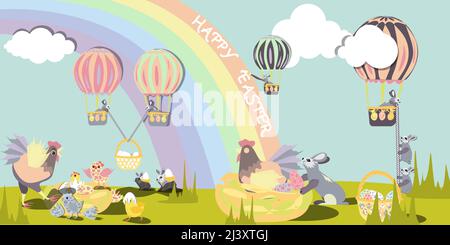 Easter bunnies get bored on a rope from a balloon and steal white eggs from hens, then put colored eggs instead of them in nests from which colorful s Stock Vector