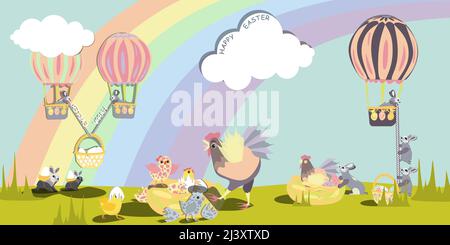 Easter bunnies get bored on a rope from a balloon and steal white eggs from hens, then put colored eggs instead of them in nests from which colorful s Stock Vector