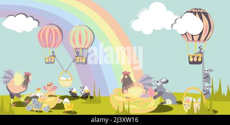 Easter bunnies get bored on a rope from a balloon and steal white eggs from hens, then put colored eggs instead of them in nests from which colorful s Stock Vector