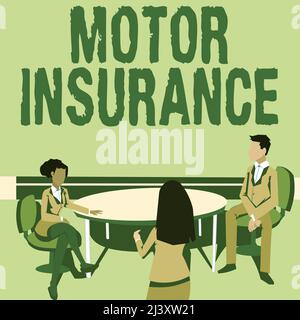 Conceptual caption Motor Insurance. Business overview Provides financial compensation to cover any injuries Colleagues having meeting presenting