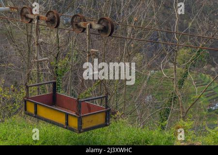 Garden cable railway in Bellinzona town on slope hill over in spring morning Stock Photo