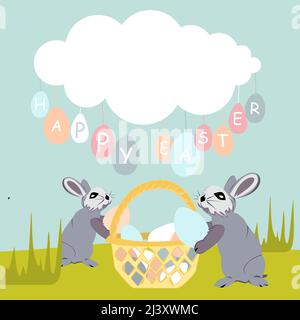 Easter bunnies stack Easter eggs in a wicker basket. Above the rabbits is a cloud from which drops of spring rain fall in the form of Easter eggs with Stock Vector