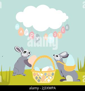 Easter bunnies stack Easter eggs in a wicker basket. Above the rabbits is a cloud from which drops of spring rain fall in the form of Easter eggs with Stock Vector