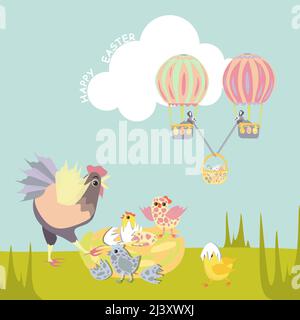 Easter bunnies fly on air balloons with cinnamon eggs. The hen is surprised that she hatched colorful spotted chicks. Happy Easter vector isolated cut Stock Vector