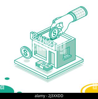 Hand Puts a Dollar Coin Inside of the Bank Building. Isometric Saving Money Concept. Vector Illustration. Outline Paper Banknote. Stock Vector