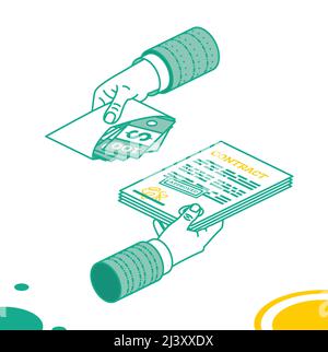 Hand Hold Signed Contract and Other Hand Give Money in the Envelope. Corruption in Business. Vector Illustration. Isometric Concept of Bribe. Stock Vector