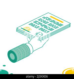 Business Man Hand Hold Paper Document with Text. Isometric Concept. Vector Illustration. Outline Contract Agreement. Stock Vector