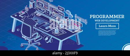 Programmer. Frontend or Backend Developer Sit on Chair with Wheels in Front of Two Monitors with Code. Html, Css, Php, C++ Programming Code. Stock Vector