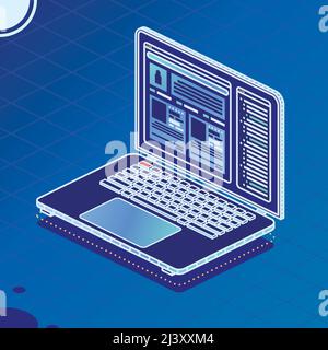 Isometric Laptop on Blue. Creating a Site Layout. Vector Illustration. Website Interface. Stock Vector