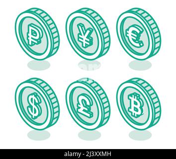 Currency Set. Coins of Dollar, Pound, Euro, Ruble, Yen and Bitcoin. Vector Illustration. Isometric Icons. Stock Vector