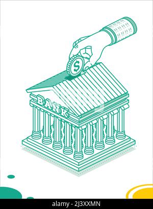 Hand Puts a Dollar Coin Inside of the Bank Building. Isometric Saving Money Concept. Vector Illustration. Investing and Open Bank Deposit. Stock Vector